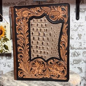 Hand-Tooled Leather Journal Cover with Taupe Crocodile Accent